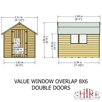 Shire Overlap 8' x 6' Double Door Value With Window Dip Treated Wooden Apex Garden Shed