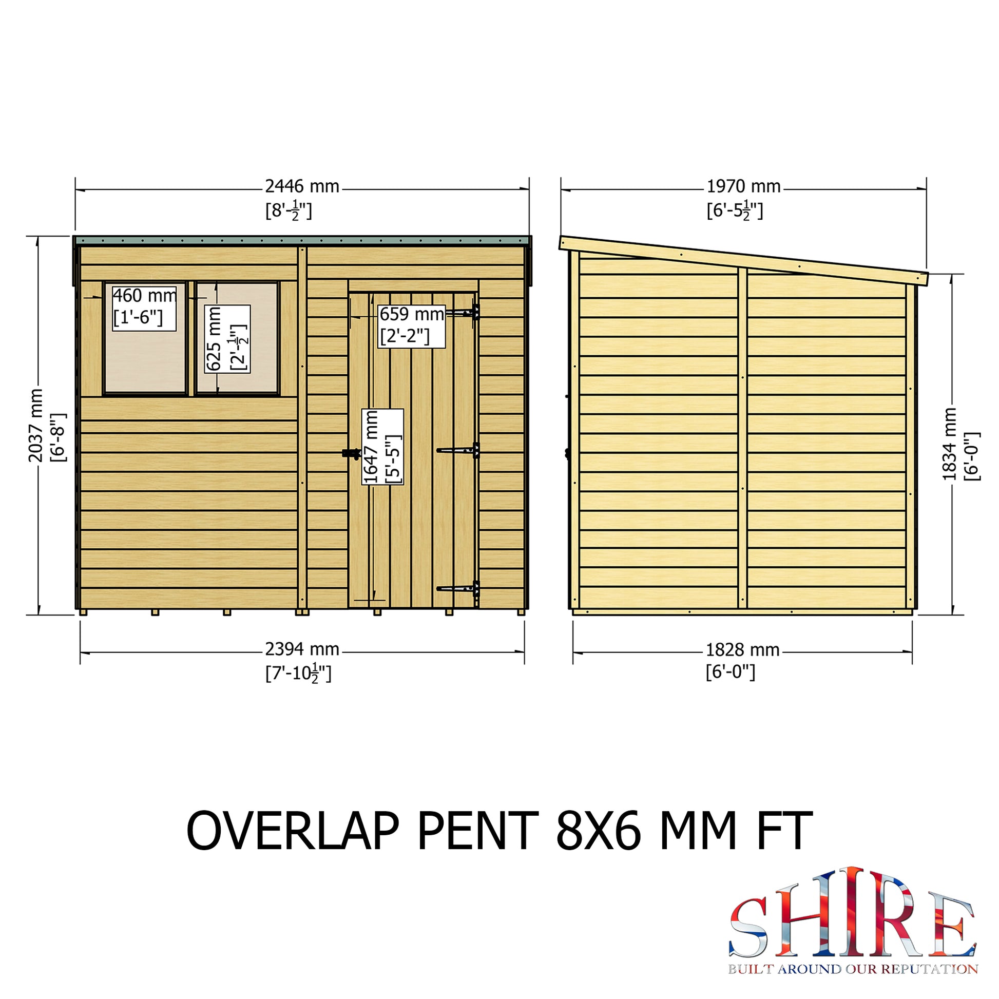 Shire Overlap Pent 8x6ft Dip Treated Wooden Garden Shed