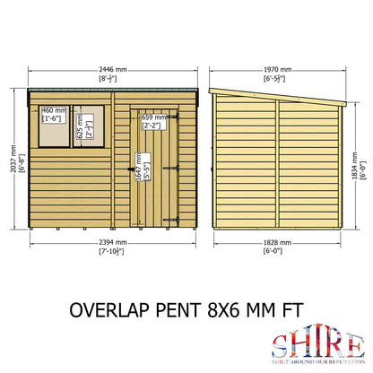 Shire Overlap Pent 8x6ft Dip Treated Wooden Garden Shed