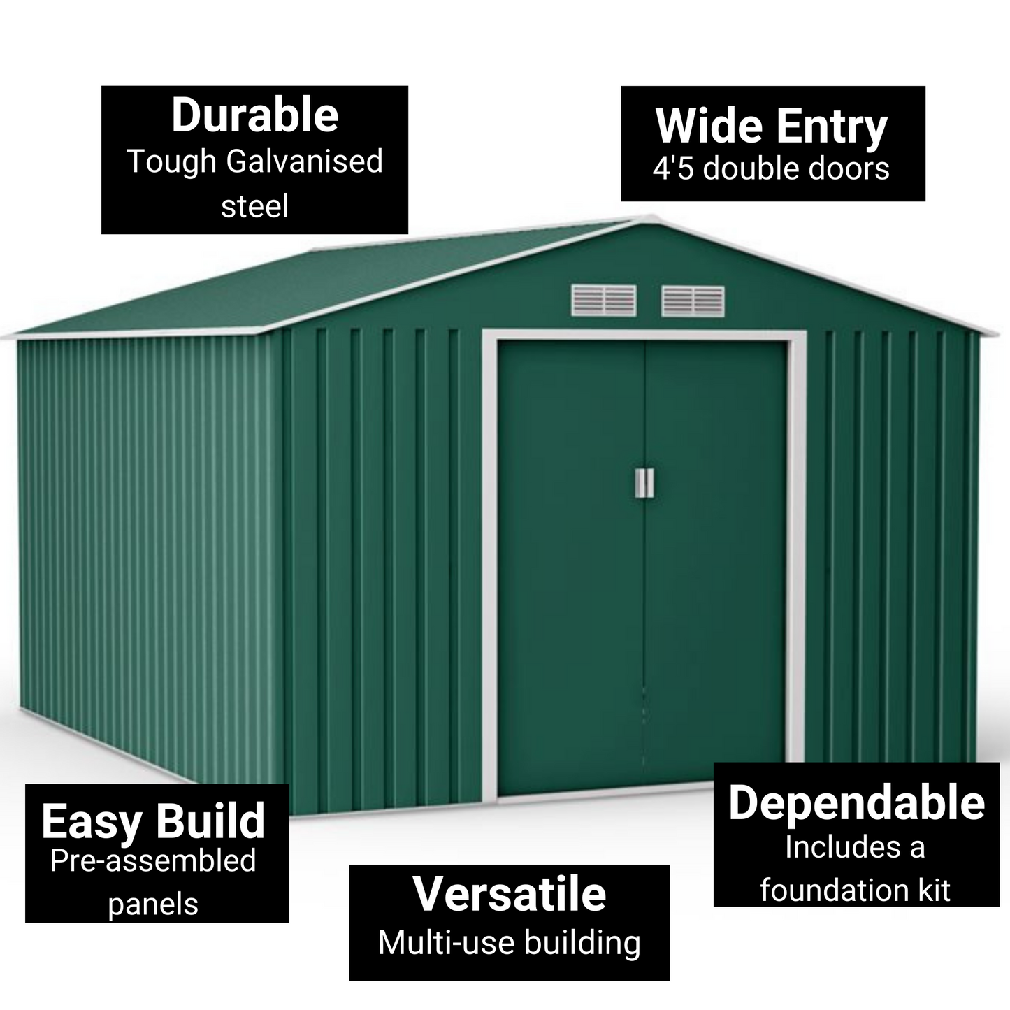 Lotus Orion Apex Metal Shed With Foundation Kit - 9x10 Dark Green