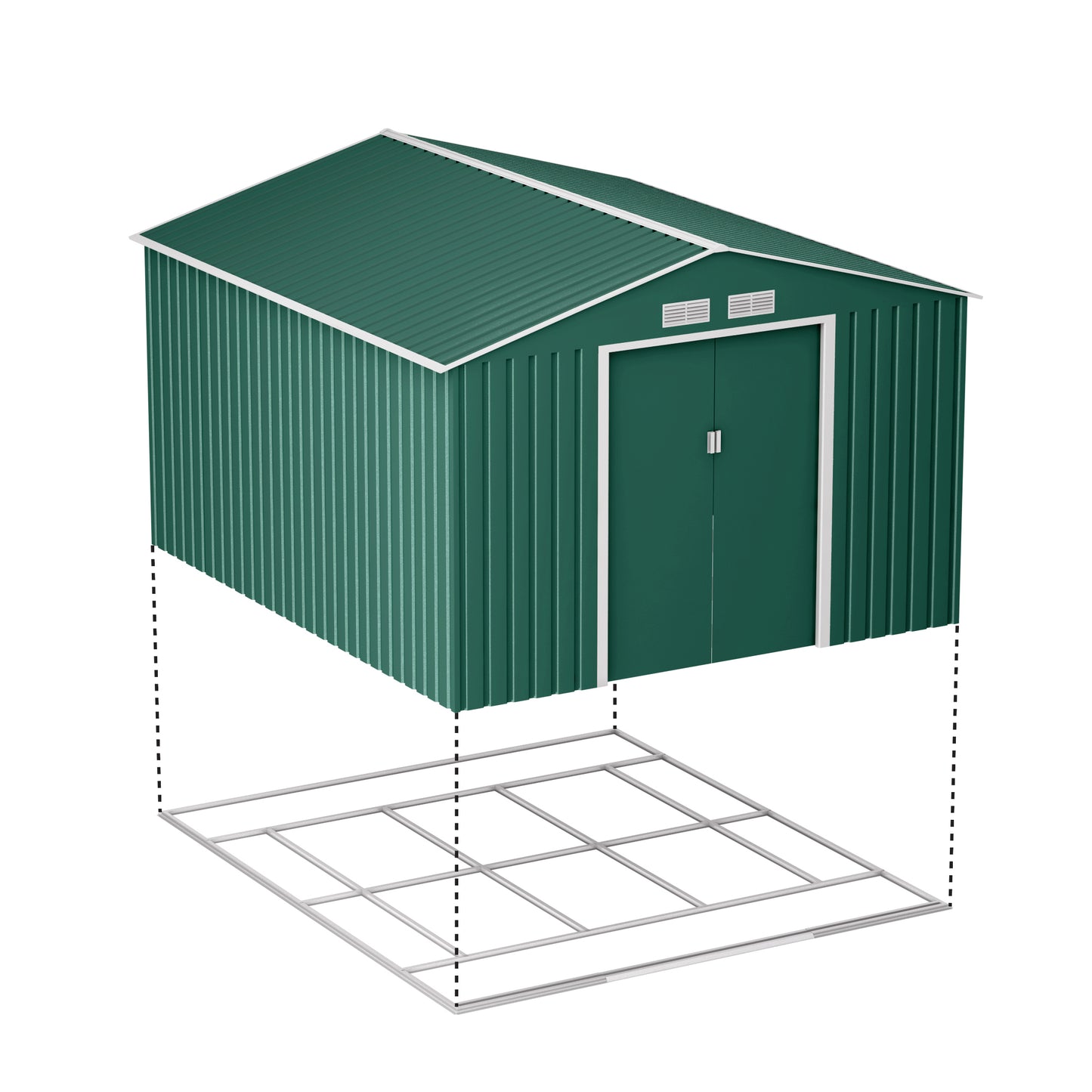 Lotus Orion Apex Metal Shed With Foundation Kit - 9x10 Dark Green