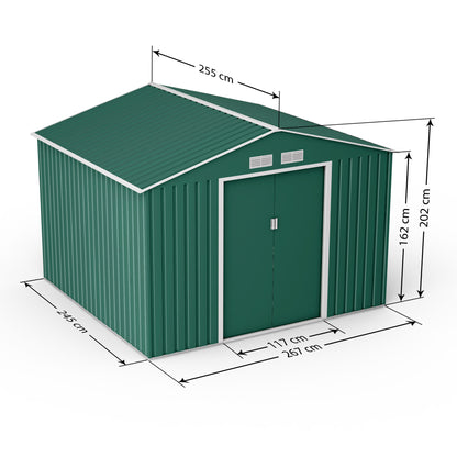 Lotus Orion Apex Metal Shed With Foundation Kit - 9x8 Dark Green