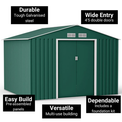 Lotus Orion Apex Metal Shed With Foundation Kit - 9x8 Dark Green