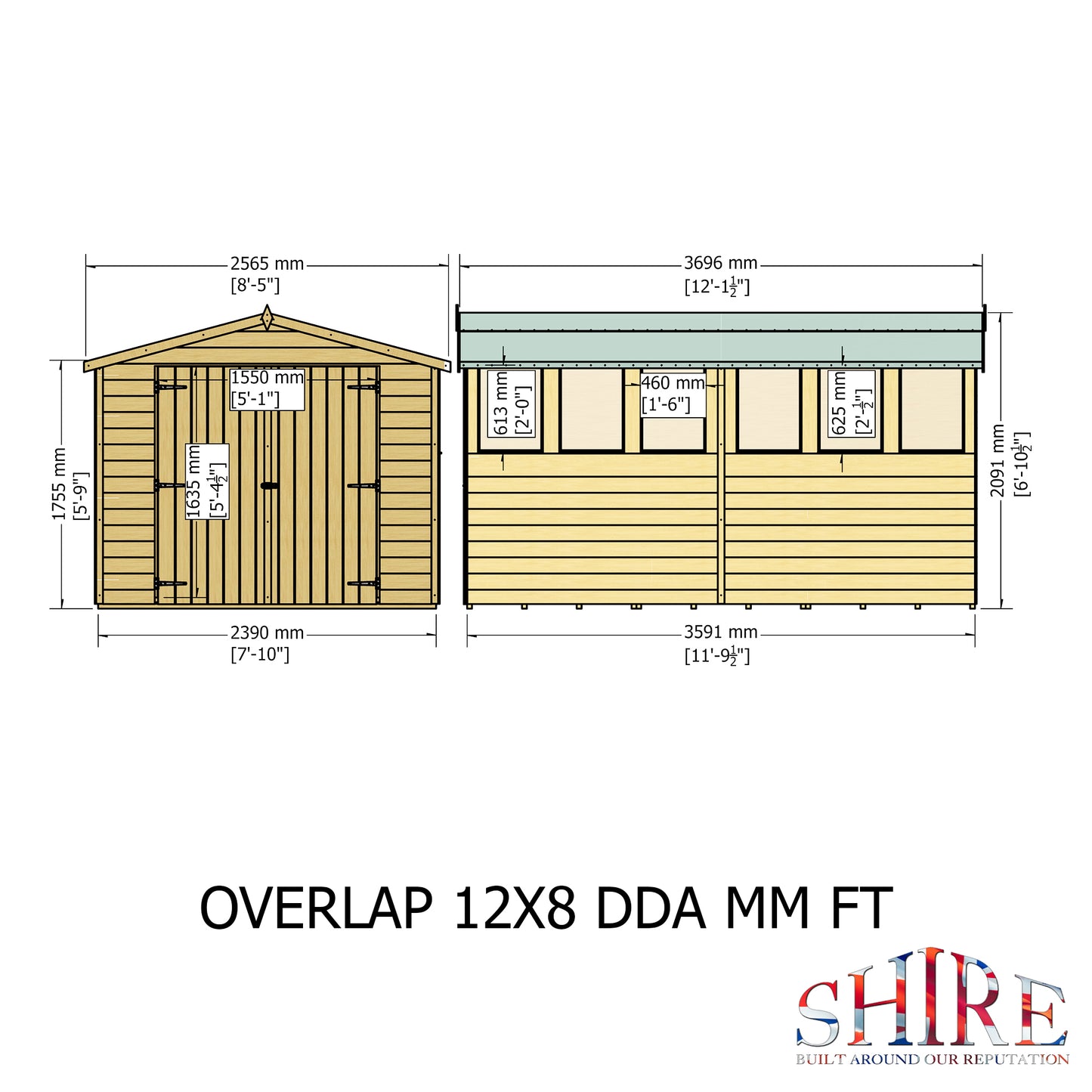 Shire Overlap Double Door 12x 8 Dip Treated Wooden Garden Shed