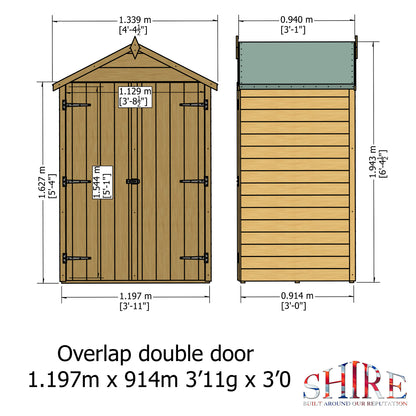 Shire Overlap Double Door + Shelves 4x3 ft Dip Treated Wooden Garden Shed