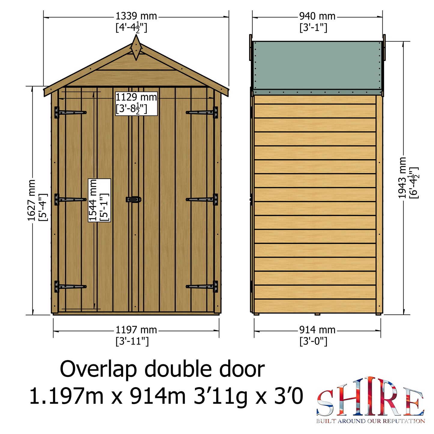 Shire Overlap Double Door + Shelves 4x3 ft Dip Treated Wooden Garden Shed