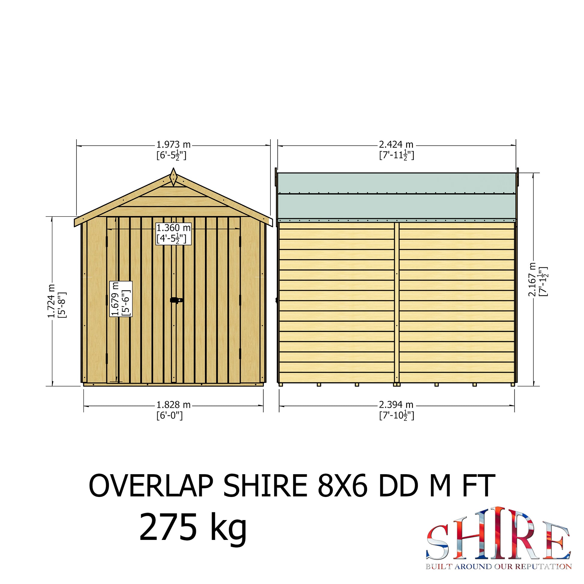 Shire Overlap Premium Double Door No windows 8 x 6 ft Dip Treated Wooden Garden Shed