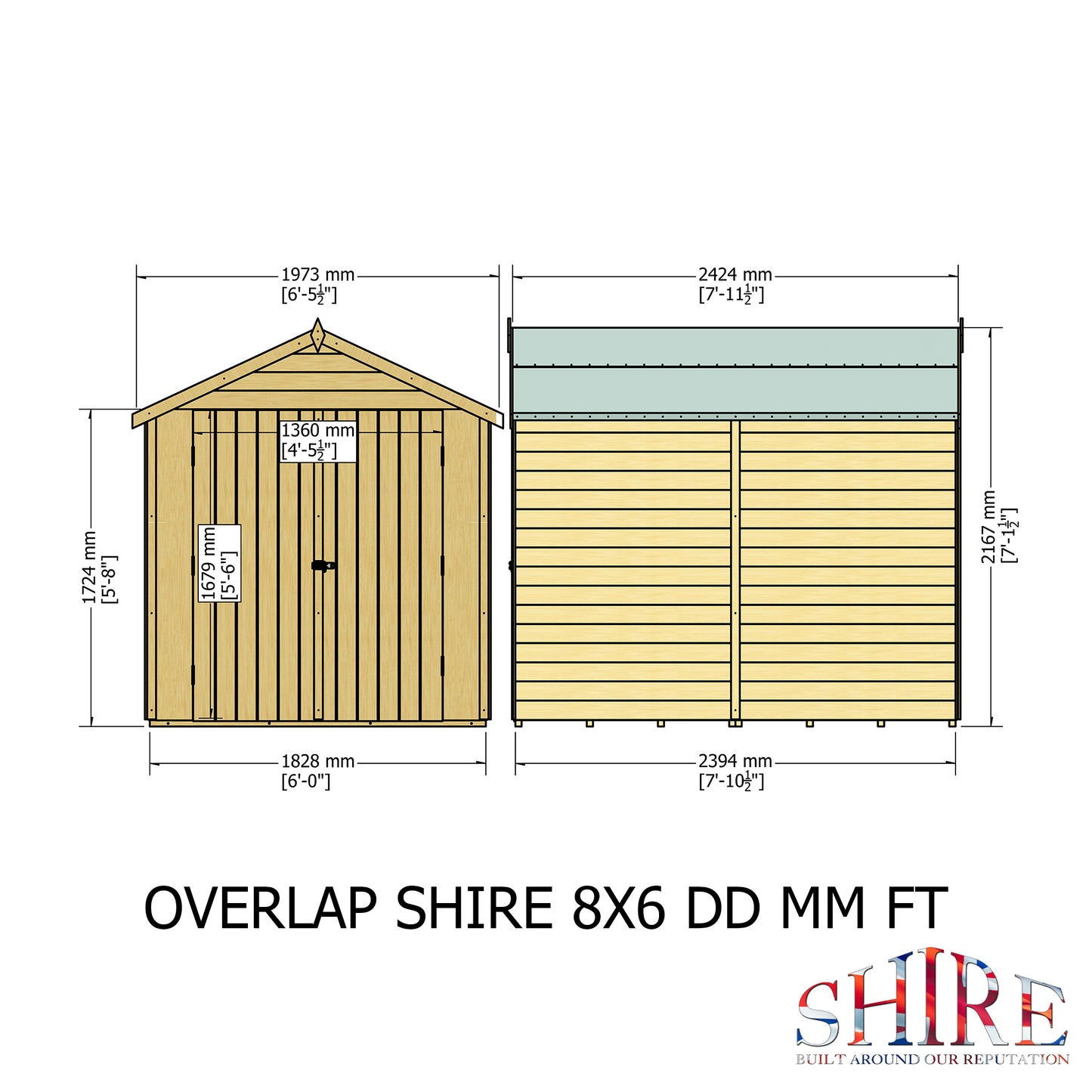 Shire Overlap Premium Double Door No windows 8 x 6 ft Dip Treated Wooden Garden Shed