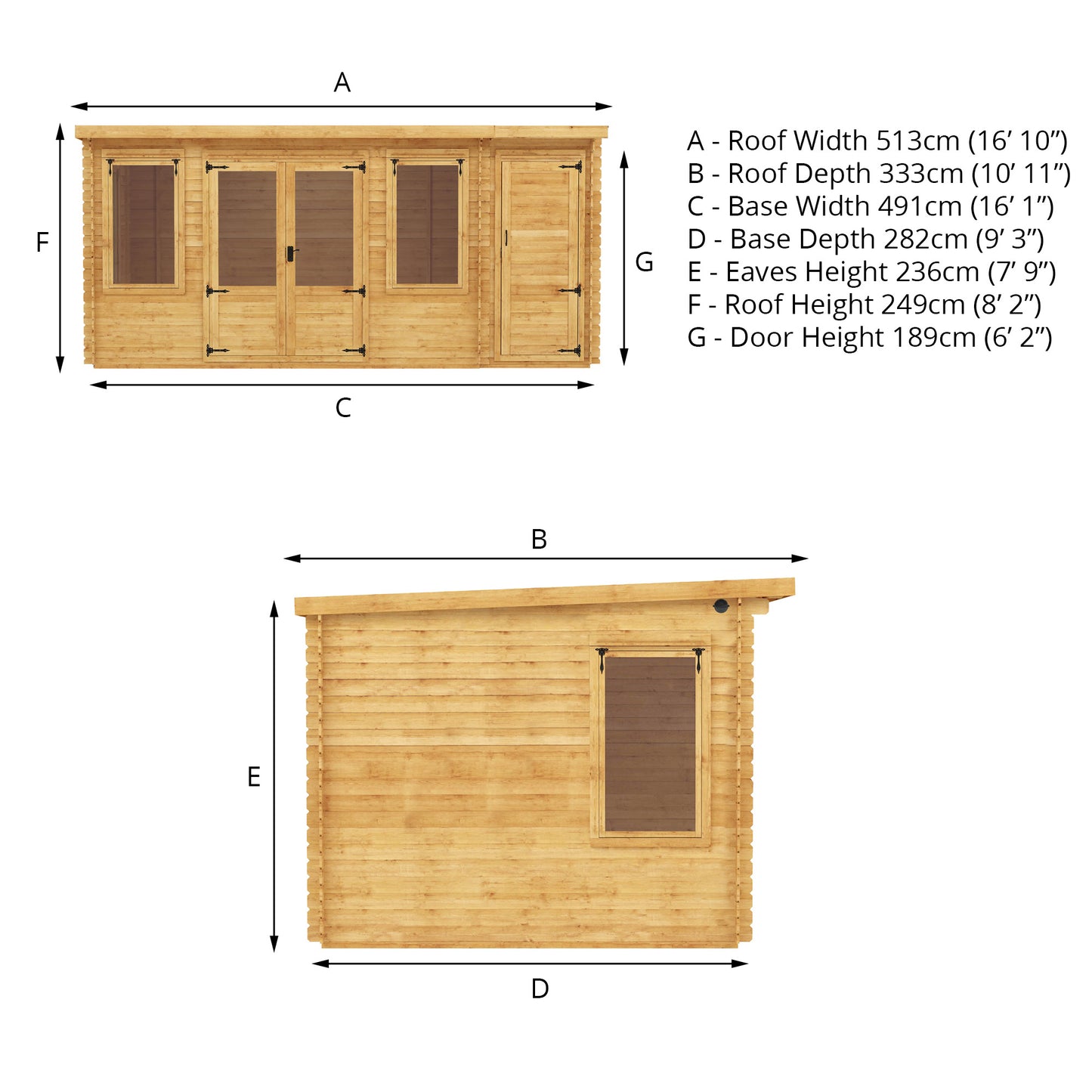 Mercia 5.1m x 3m Pent Log Cabin With Side Shed - 19mm Log Cabin