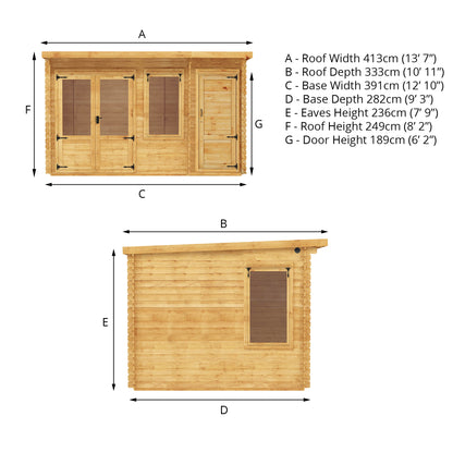 Mercia 4.1m x 3m Pent Log Cabin With Side Shed - 19mm Log Cabin