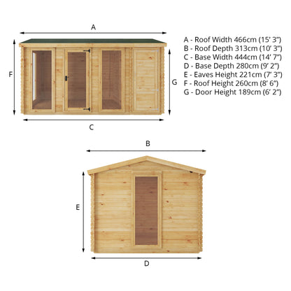 Mercia 4.6m x 3m Reverse Apex Log Cabin With Side Shed - 19mm Log Cabin