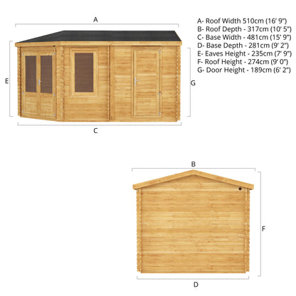 Mercia 5m x 3m Corner Lodge Log Cabin With Side Shed - 28mm Log Cabin