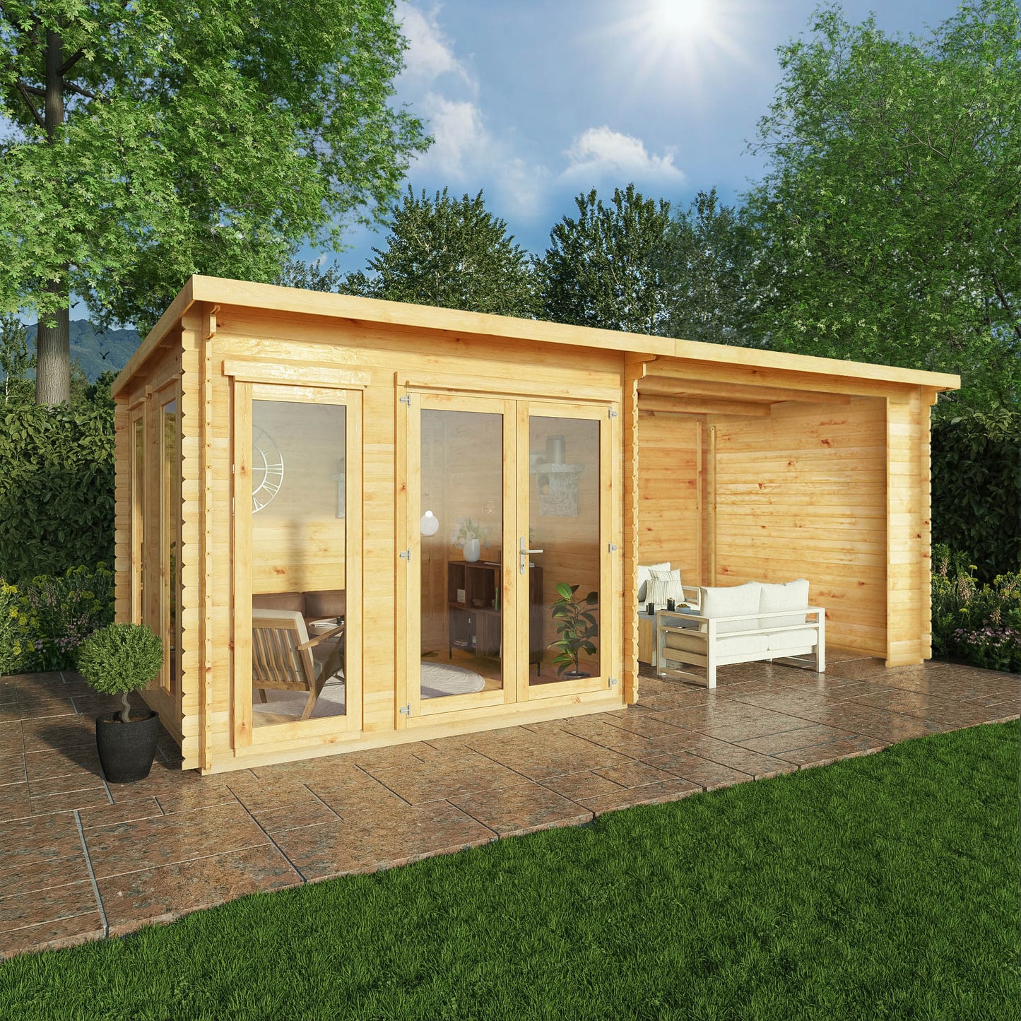 Mercia 6m x 3m Studio Pent Log Cabin With Patio Area - 28mm Log Cabin