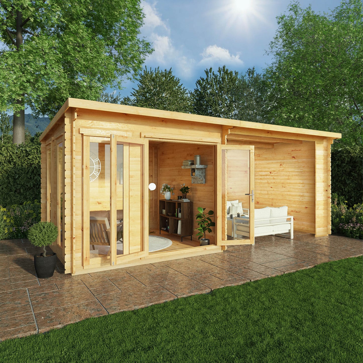 Mercia 6m x 3m Studio Pent Log Cabin With Patio Area - 28mm Log Cabin