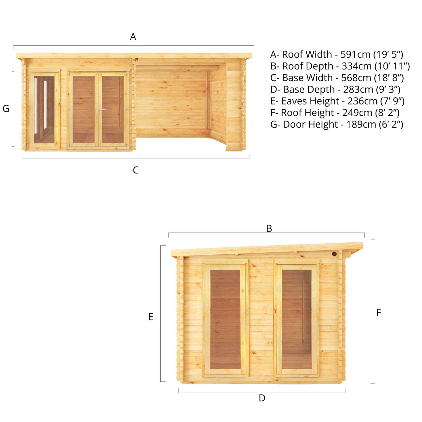 Mercia 6m x 3m Studio Pent Log Cabin With Patio Area - 28mm Log Cabin