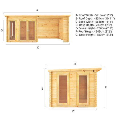 Mercia 6m x 3m Studio Pent Log Cabin With Patio Area - 28mm Log Cabin