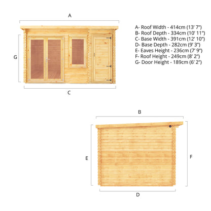 Mercia 4.1m x 3m Elite Pent Log Cabin With Side Shed - 28mm Log Cabin