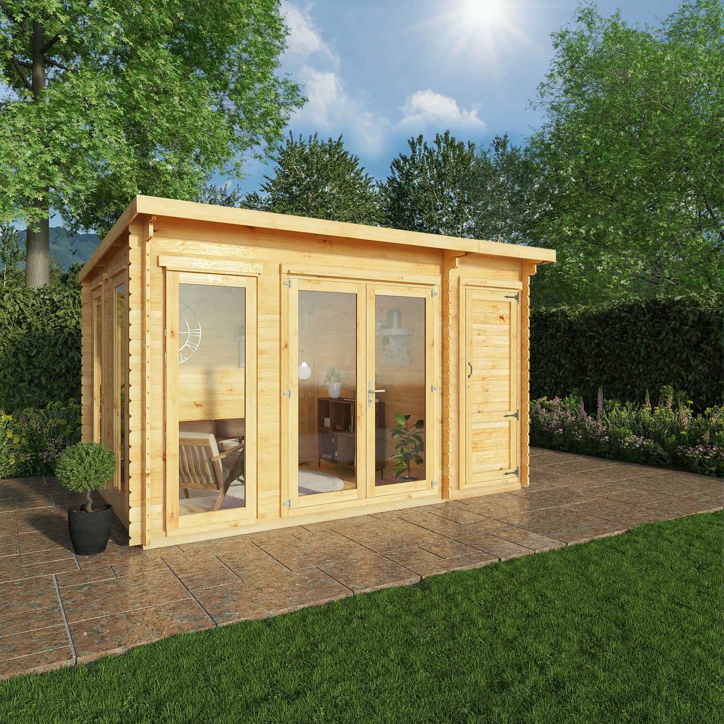 Mercia 4.1m x 3m Studio Pent Log Cabin With Side Shed - 28mm Log Cabin