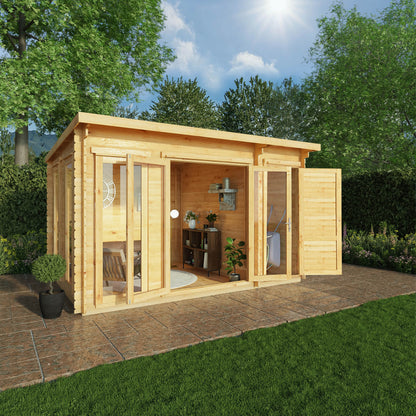 Mercia 4.1m x 3m Studio Pent Log Cabin With Side Shed - 28mm Log Cabin