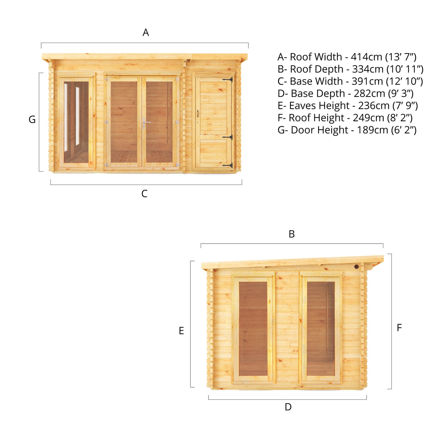 Mercia 4.1m x 3m Studio Pent Log Cabin With Side Shed - 28mm Log Cabin