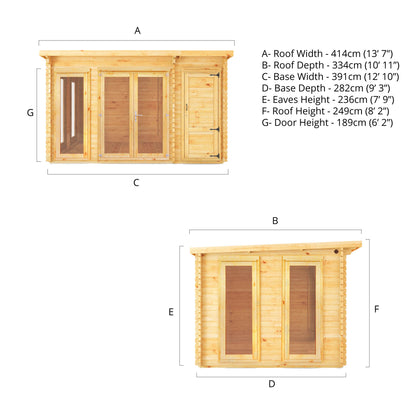 Mercia 4.1m x 3m Studio Pent Log Cabin With Side Shed - 28mm Log Cabin