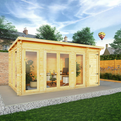 Mercia 5.1m x 3m Studio Pent Log Cabin With Side Shed - 28mm Log Cabin