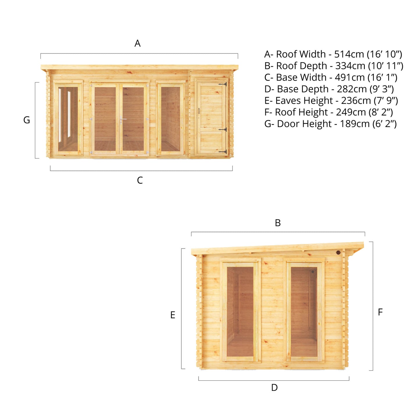 Mercia 5.1m x 3m Studio Pent Log Cabin With Side Shed - 28mm Log Cabin