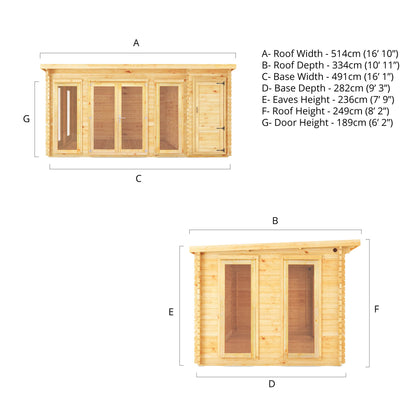 Mercia 5.1m x 3m Studio Pent Log Cabin With Side Shed - 28mm Log Cabin