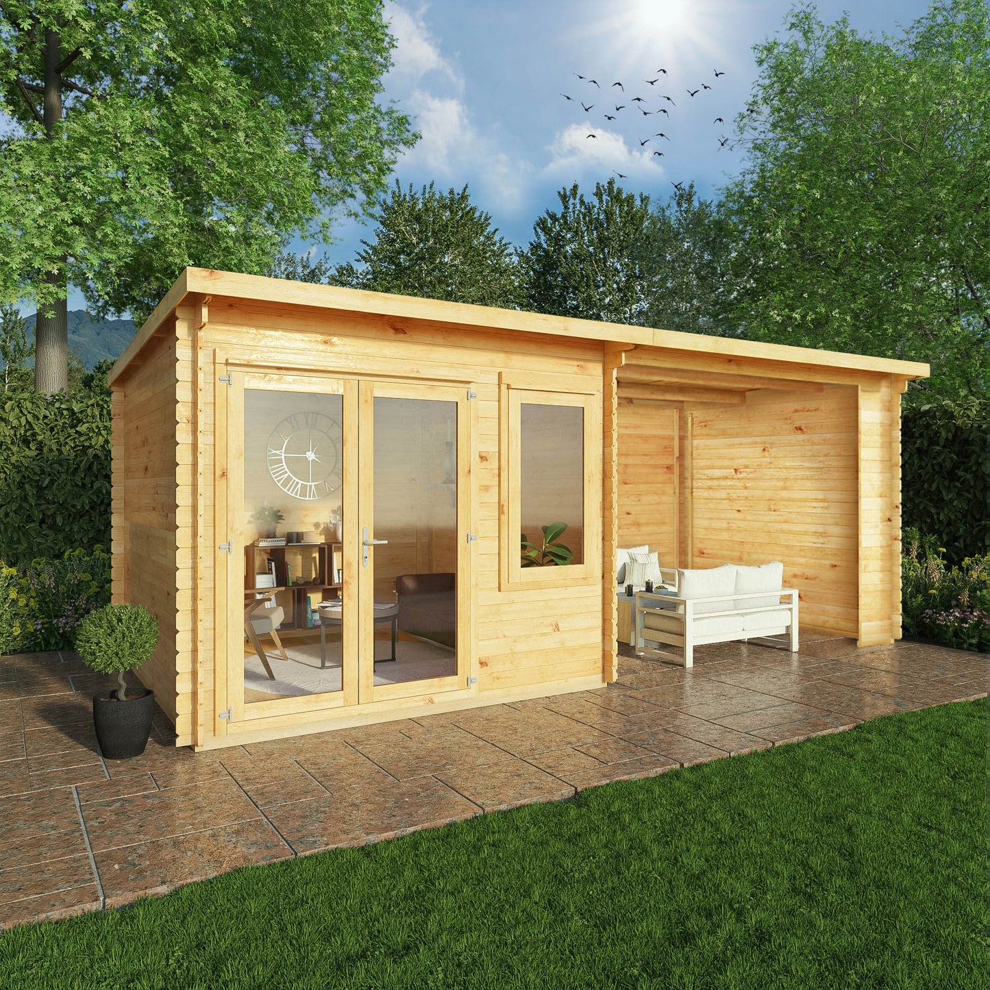 Mercia 6m x 3m Elite Pent Log Cabin With Patio Area - 28mm Log Cabin