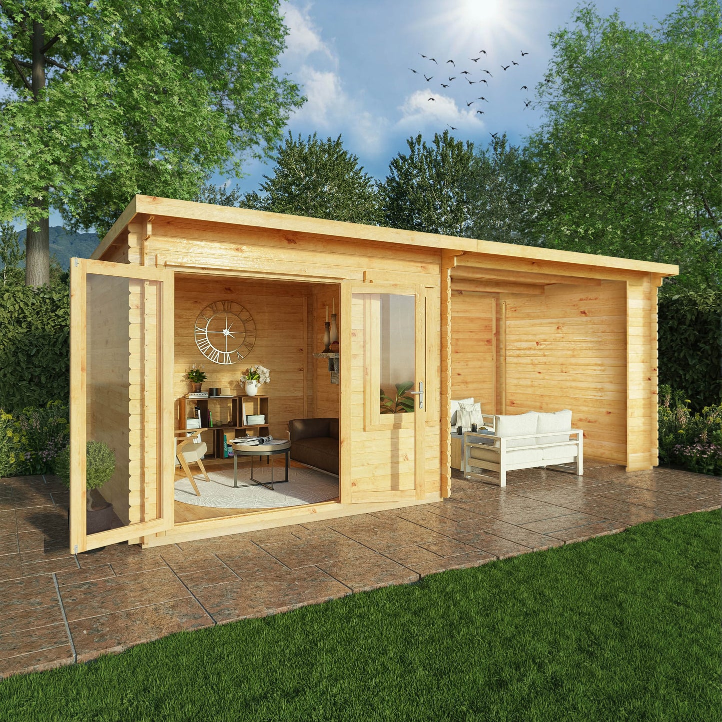 Mercia 6m x 3m Elite Pent Log Cabin With Patio Area - 28mm Log Cabin