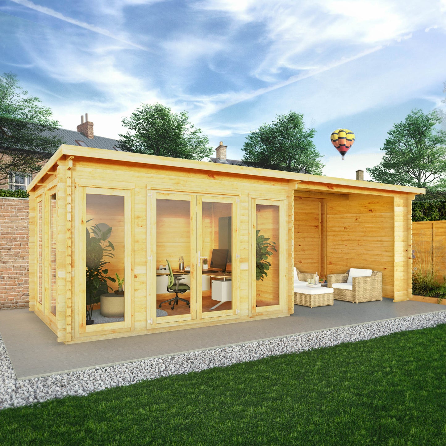 Mercia 7m x 3m Studio Pent Log Cabin With Patio Area - 28mm Log Cabin