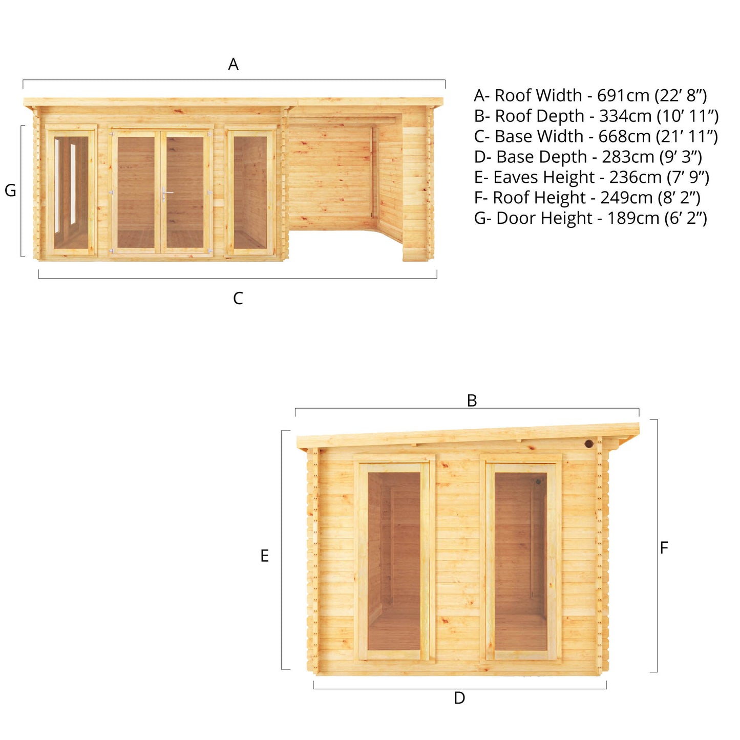 Mercia 7m x 3m Studio Pent Log Cabin With Patio Area - 28mm Log Cabin