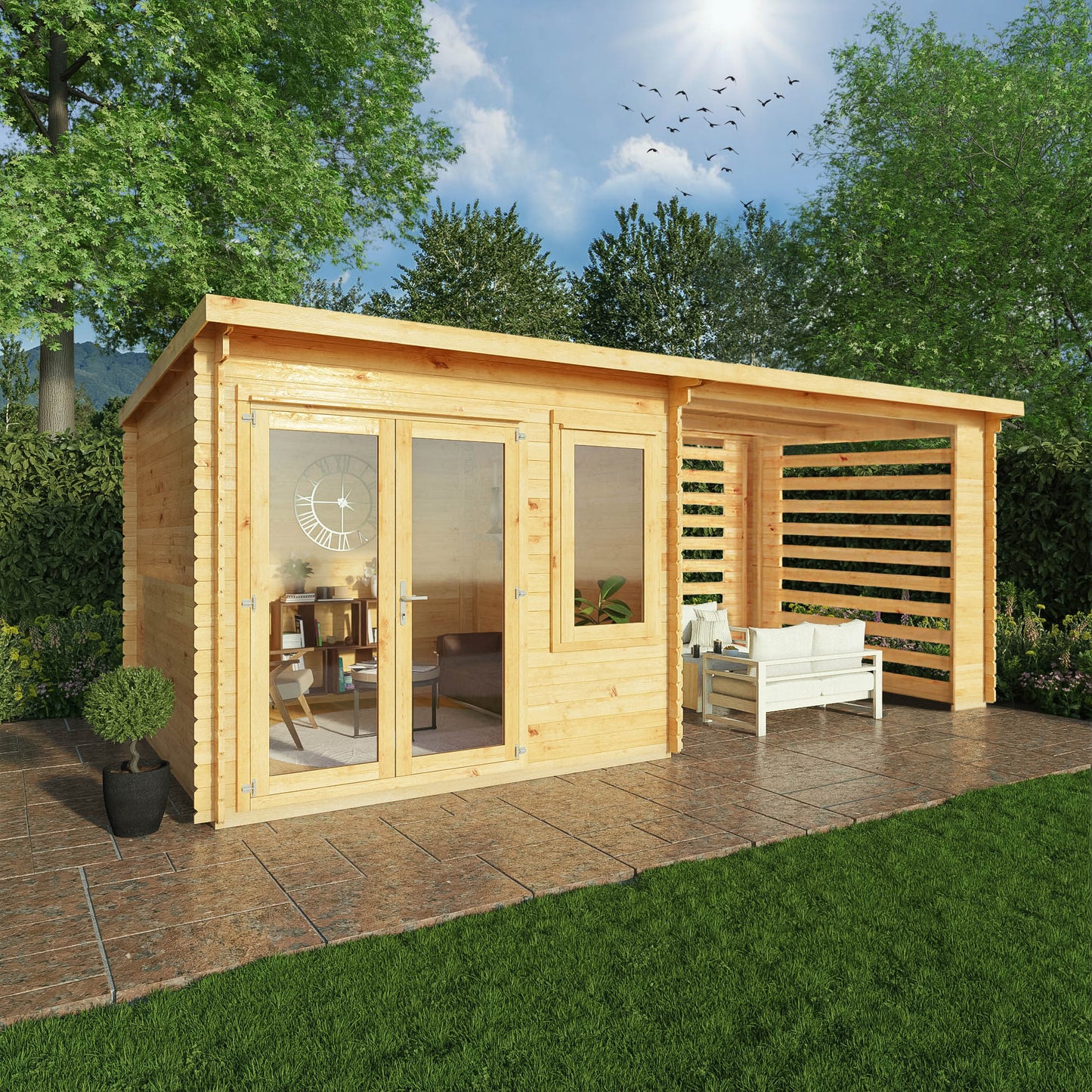 Mercia 6m x 3m Elite Pent Log Cabin With Slatted Area - 28mm Log Cabin