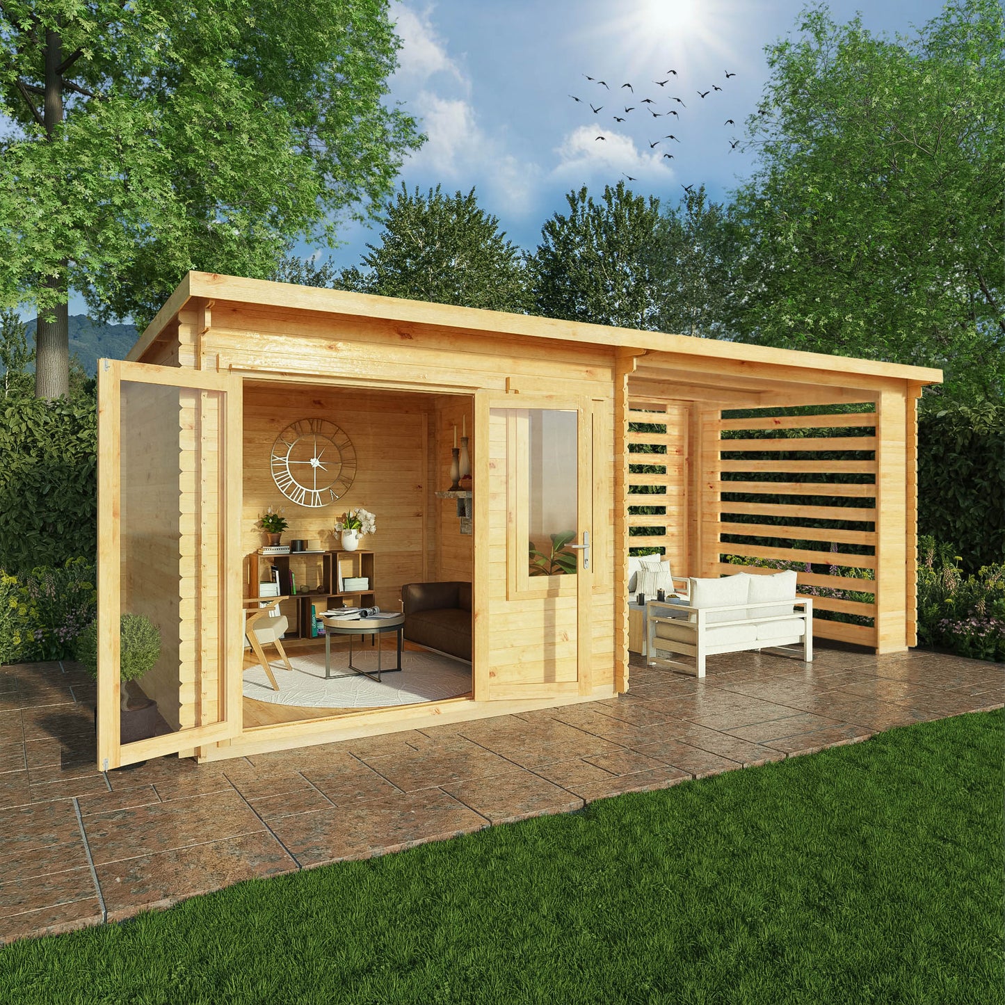 Mercia 6m x 3m Elite Pent Log Cabin With Slatted Area - 28mm Log Cabin