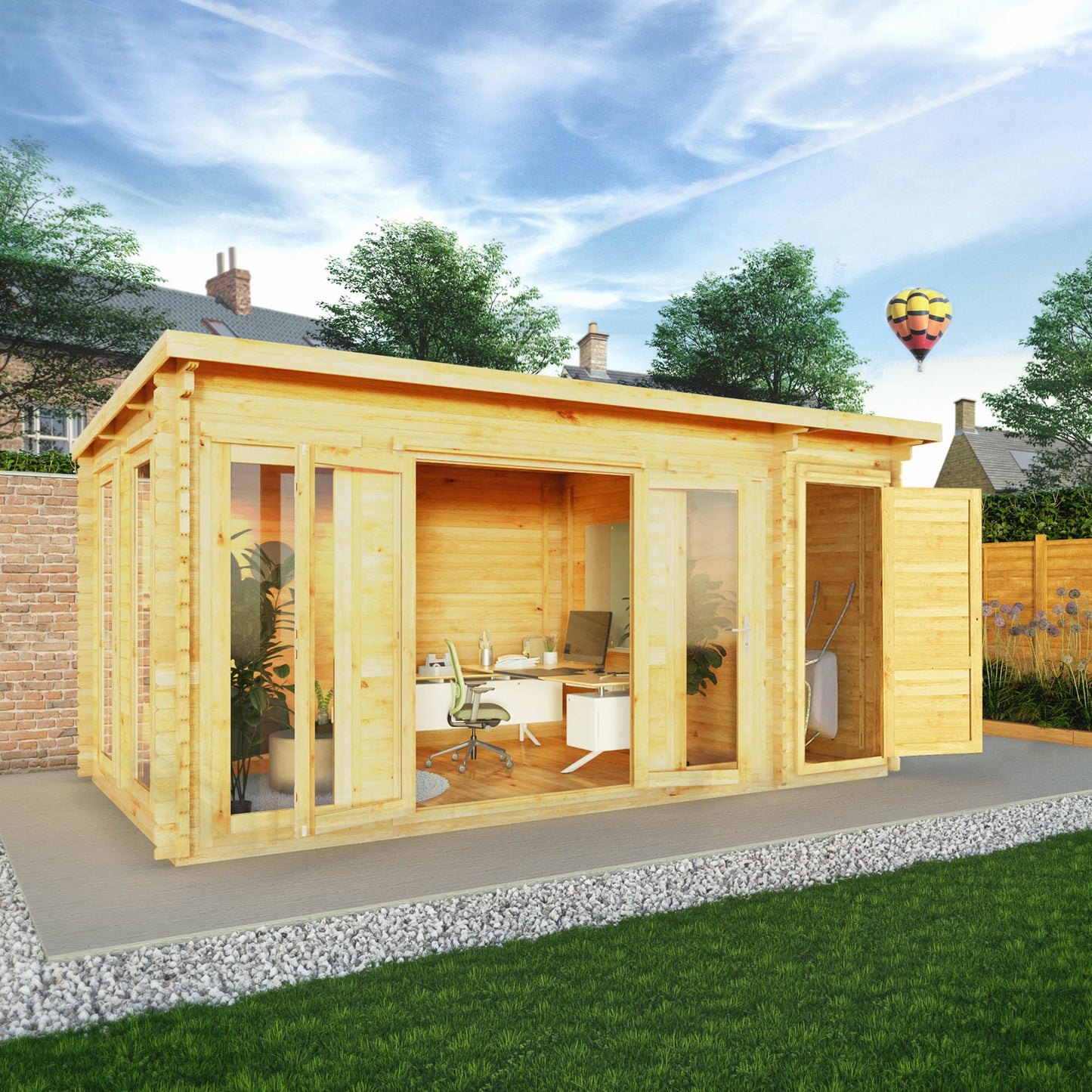 Mercia 5.1m x 3m Studio Pent Log Cabin Wth Side Shed - 34mm Log Cabin