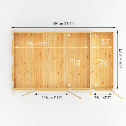 Mercia 5.1m x 3m Studio Pent Log Cabin Wth Side Shed - 34mm Log Cabin