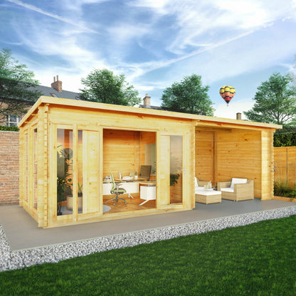 Mercia 7m x 3m Studio Pent Log Cabin With Patio Area - 34mm Log Cabin