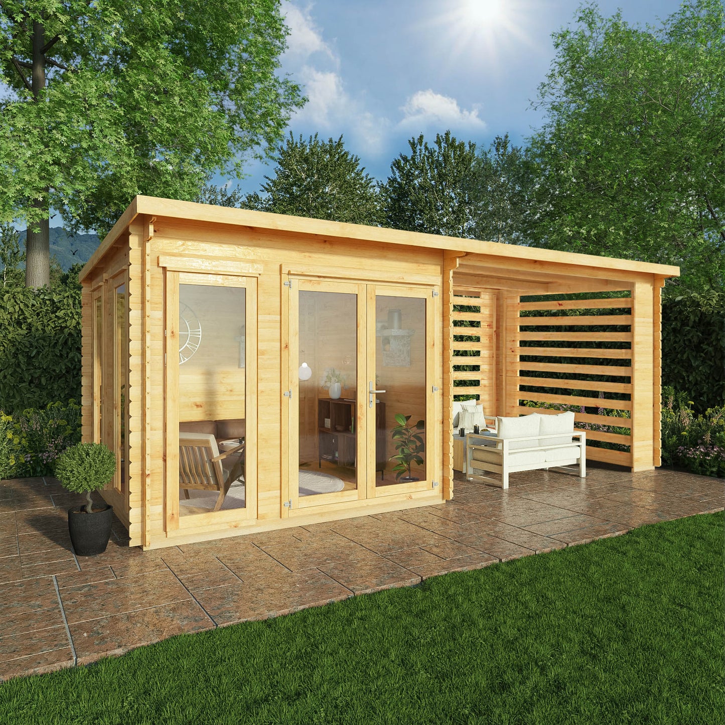 Mercia 6m x 3m Studio Pent Log Cabin With Slatted Area - 44mm Log Cabin