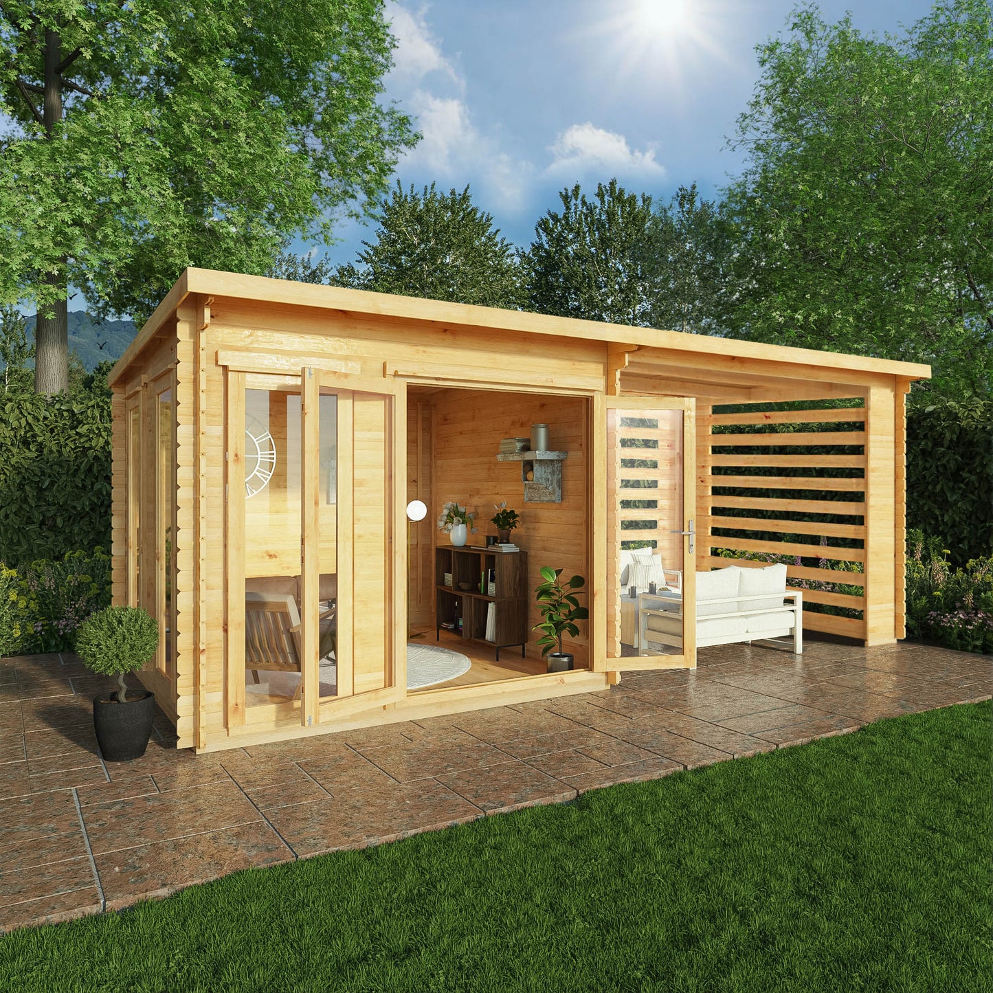 Mercia 6m x 3m Studio Pent Log Cabin With Slatted Area - 44mm Log Cabin