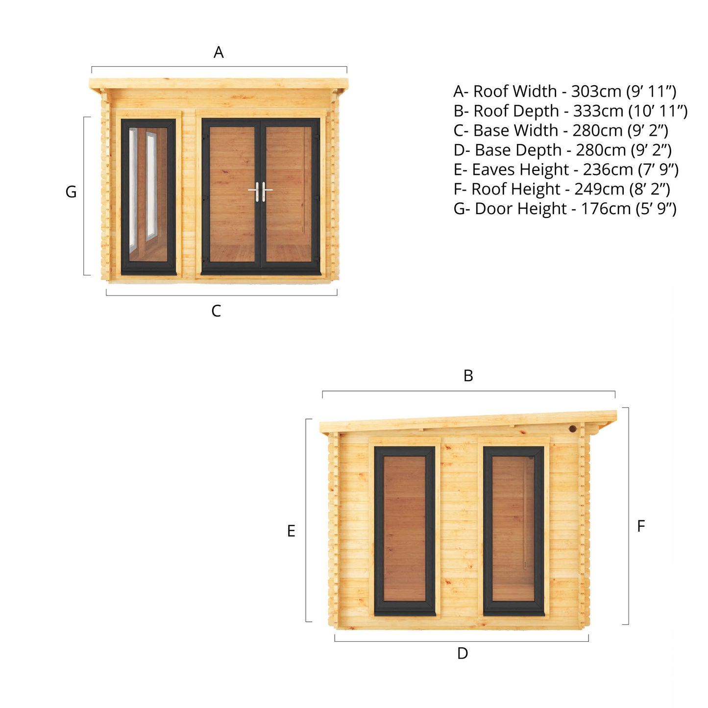 Mercia 3m x 3m Studio Pent Log Cabin - 44mm - (UPVC Windows & Doors) - Grey Log Cabin