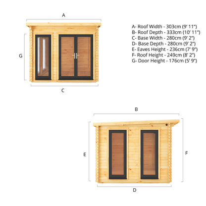 Mercia 3m x 3m Studio Pent Log Cabin - 44mm - (UPVC Windows & Doors) - Grey Log Cabin