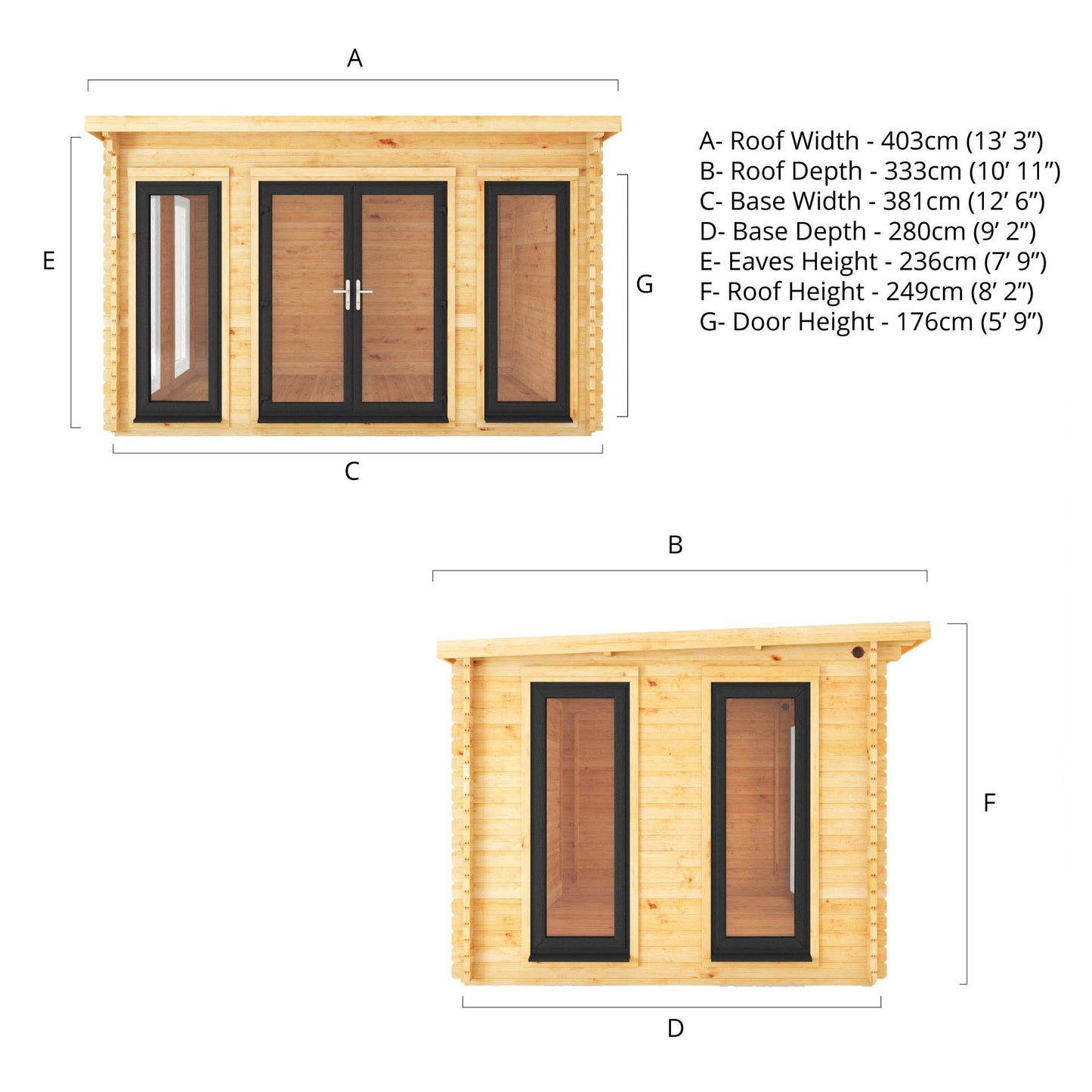 Mercia 4m x 3m Studio Pent Log Cabin - 44mm (UPVC Windows & Door) - Grey Log Cabin