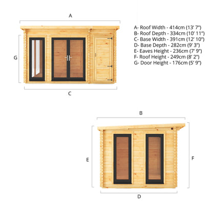 Mercia 4.1m x 3m Studio Pent Log Cabin With Side Shed - 44mm  (UPVC Windows & Door) - Grey Log Cabin