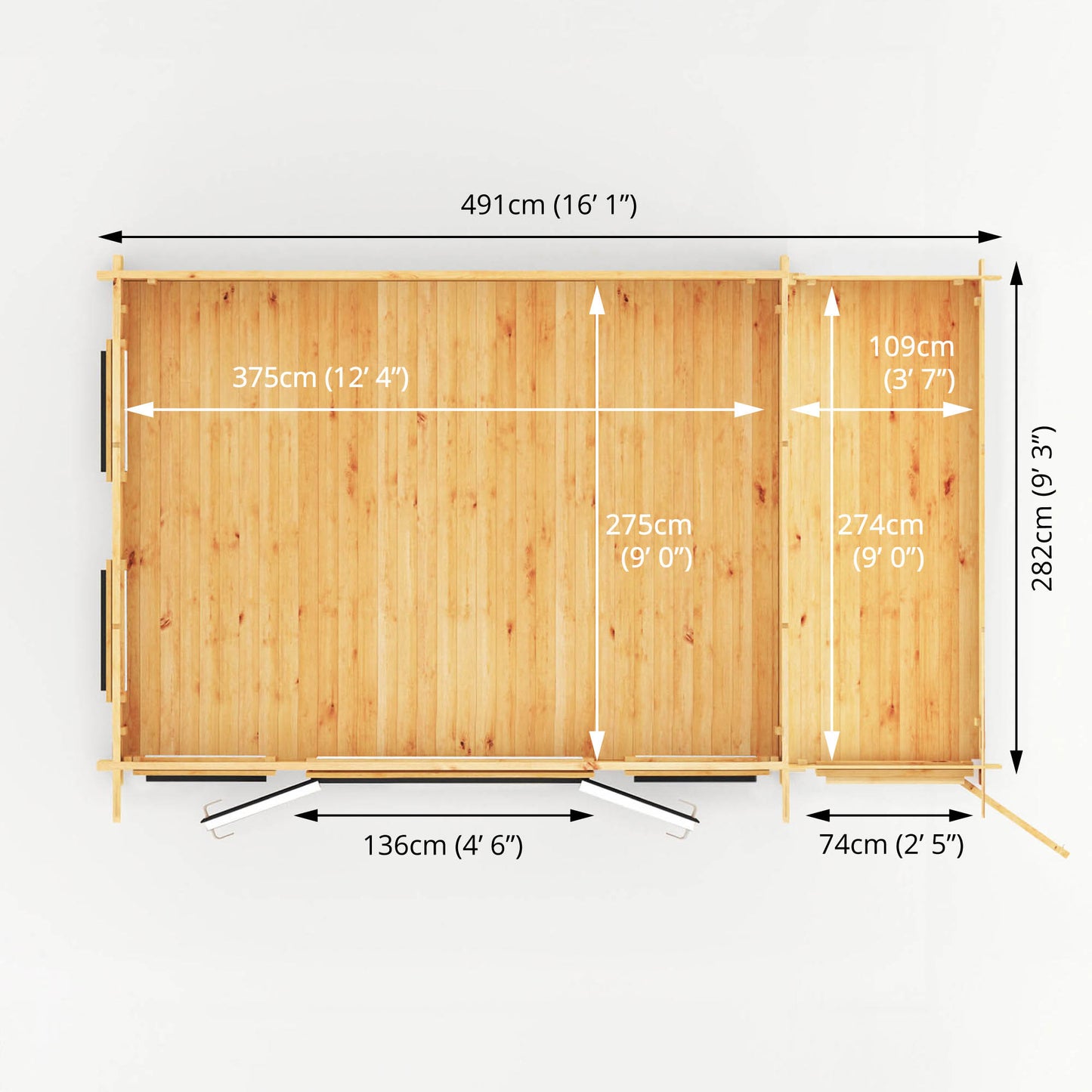 Mercia 5.1m x 3m Studio Pent Log Cabin With Side Shed - 44mm  (UPVC Windows & Door) - Grey Log Cabin