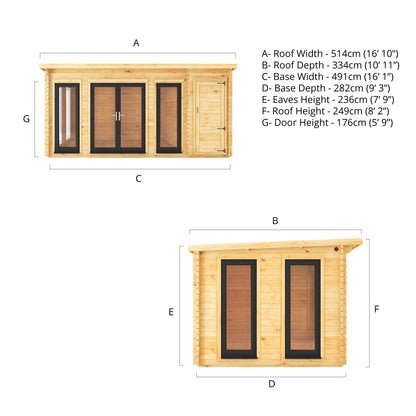 Mercia 5.1m x 3m Studio Pent Log Cabin With Side Shed - 44mm  (UPVC Windows & Door) - Grey Log Cabin