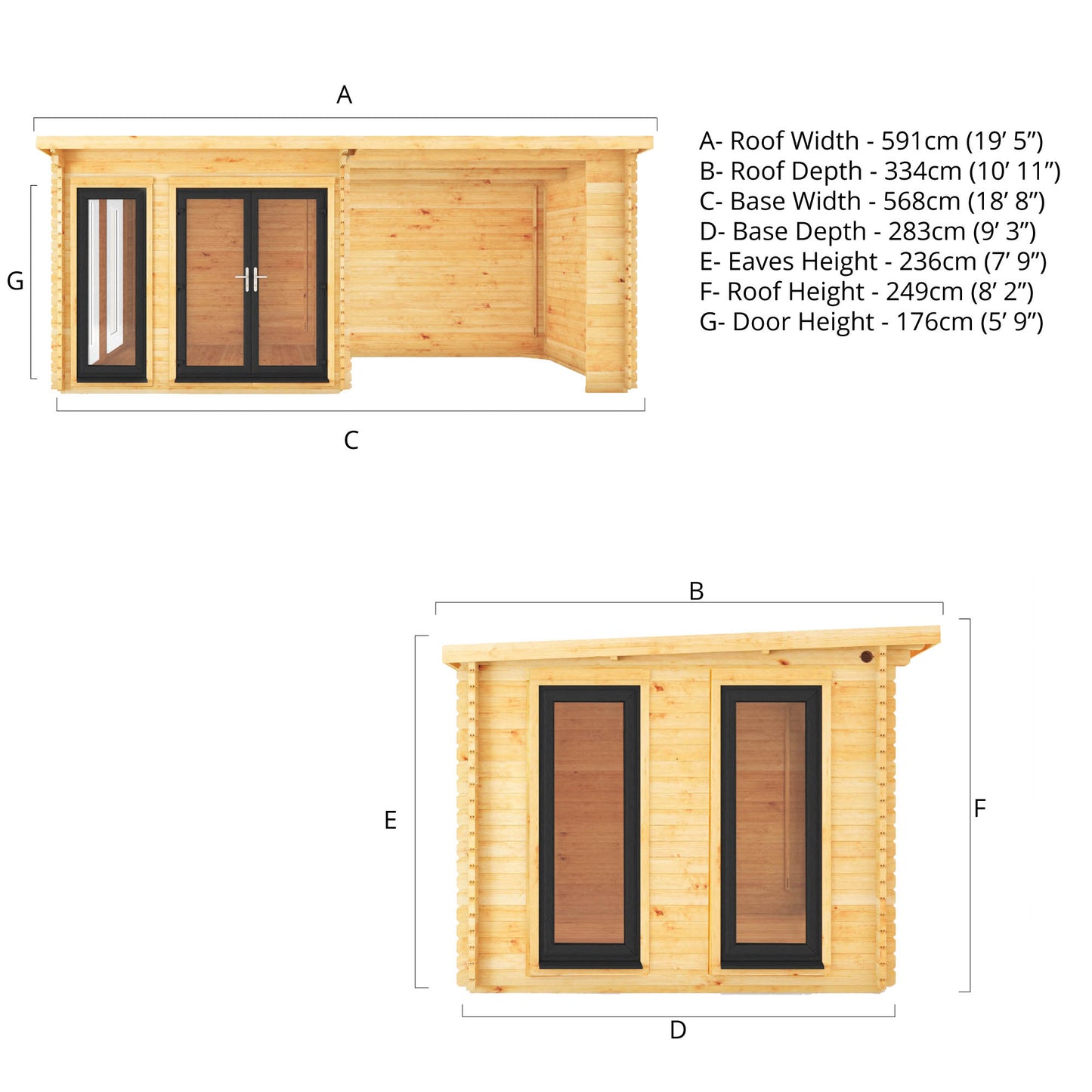 Mercia 6m x 3m Studio Pent Log Cabin With Patio Area - 44mm (UPVC Windows & Door) - Grey Log Cabin