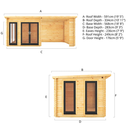 Mercia 6m x 3m Studio Pent Log Cabin With Patio Area - 44mm (UPVC Windows & Door) - Grey Log Cabin