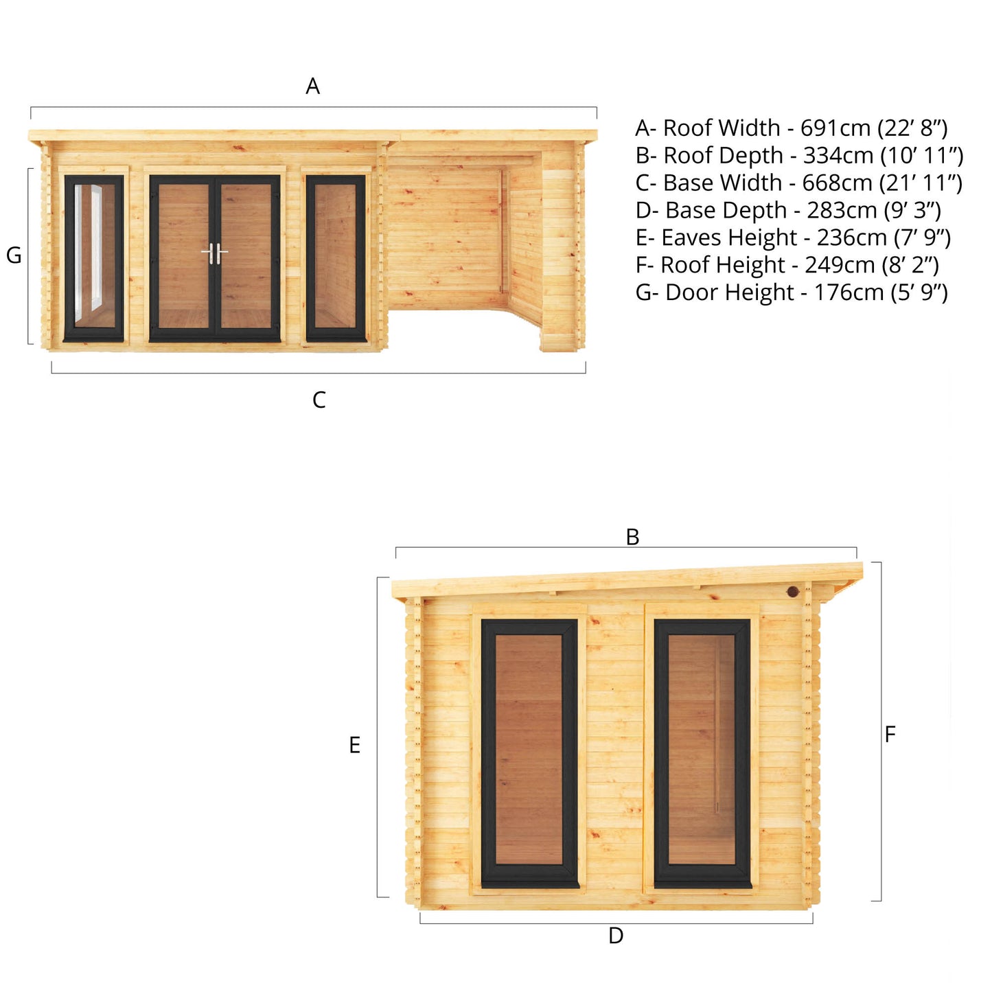 Mercia 7m x 3m Studio Pent Log Cabin With Patio Area - 44mm (UPVC Windows & Door) - Grey Log Cabin