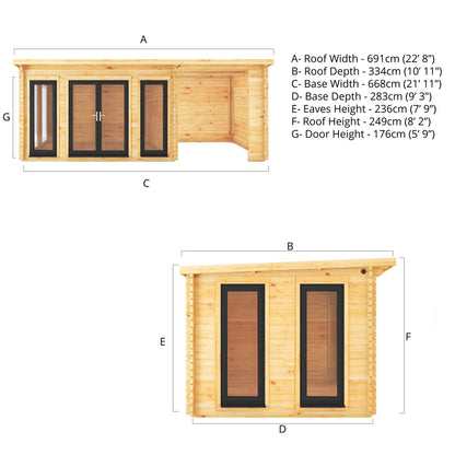 Mercia 7m x 3m Studio Pent Log Cabin With Patio Area - 44mm (UPVC Windows & Door) - Grey Log Cabin