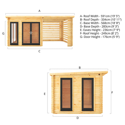 Mercia 6m x 3m Studio Pent Log Cabin With Slatted Area - 44mm (UPVC Windows & Door) - Grey Log Cabin